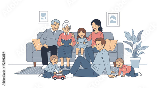 Illustration of a multi-generational family sitting and playing together in a cozy living room with a couch and plant.