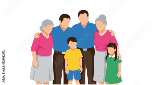 Illustration of a multi-generational family standing together with arms around each other on a white background.