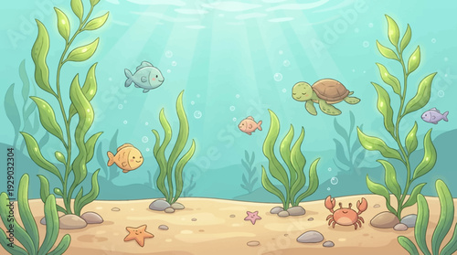 An underwater kelp forest scene with tall seaweed plants clear blue water sandy ocean floor peaceful marine environment clean composition