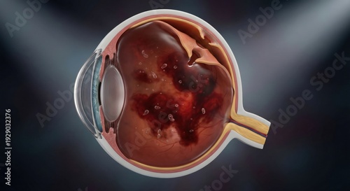Cross section of eye with vitreous hemorrhage and retinal detachment