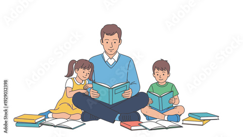 A father reads a book with his two children sitting on the floor surrounded by scattered books in a cozy setting.