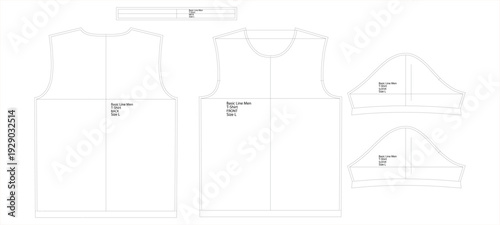 Men T Shirt Technical Flat Pattern with Sleeve and Neck Rib