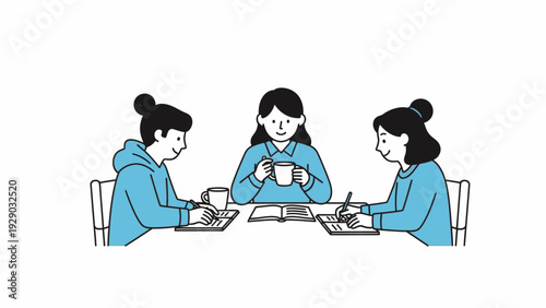 Three young women sitting at a table eating breakfast with cereal bowls and coffee cups in a simple line drawing style.