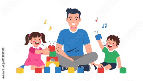 Illustration of a smiling man sitting with two happy children playing colorful building blocks on a white background with music notes floating around.