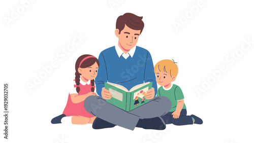 A man reads a book to a young boy and girl sitting with him on a plain white background in a heartwarming family scene.