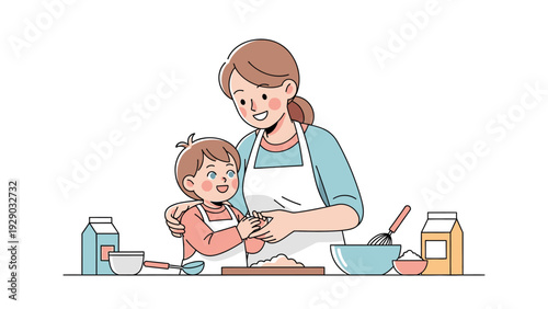 A mother and daughter baking together in a kitchen with various ingredients and utensils on the counter.