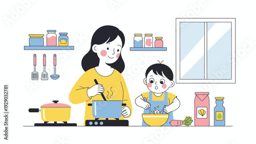 A woman and a child cooking together in a kitchen with various utensils and ingredients on the counter.