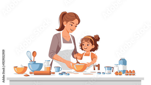 A woman and a young girl baking together in a kitchen with various utensils and ingredients on the counter.