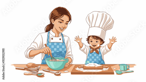 Illustration of a woman and a child in aprons baking together with utensils and dough on a table against a white background.