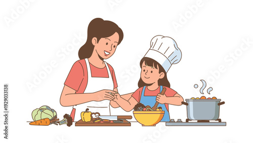 Illustration of a woman and a young girl cooking together in a kitchen with various utensils and ingredients.