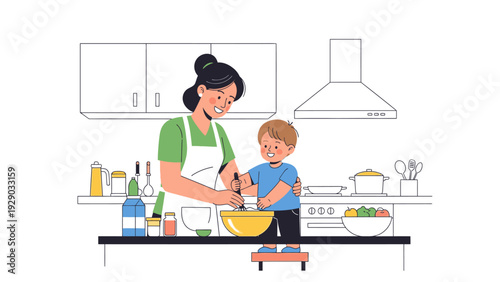 Illustration of a woman and a young boy preparing food together in a kitchen with various utensils and ingredients.