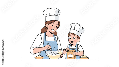 A woman and a child wearing chef hats and aprons baking together with a bowl and utensils on a table.