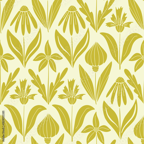 Olive Green Floral Stencil Diamond Pattern  Seamless vector pattern in floral stencil style featuring wild spring and summer flowers arranged inside diamond shapes. Stylized daisies and cornflowers 