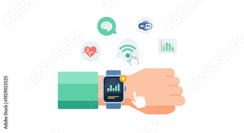 Smartwatch Wearable Technology Concept Illustration. Fitness Tracking, Health Data Analysis, Wi-Fi Connectivity, and Brain Activity Monitoring.
