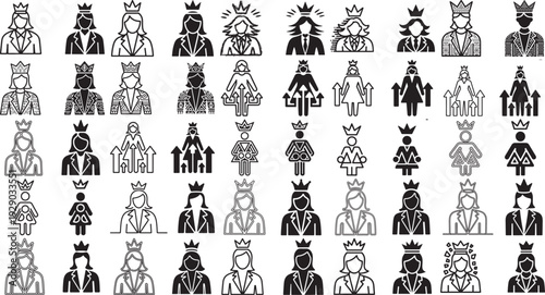 various business people icons with crowns on their heads in black and white colors