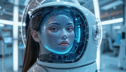 Astronaut in Futuristic Lab: A female astronaut encased in a futuristic helmet stands within a high-tech laboratory setting, her gaze reflecting a blend of determination and wonder.