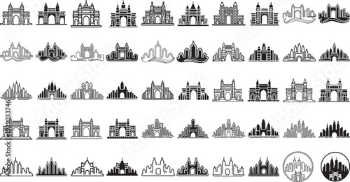 Set of various city skylines and landmarks in black and white line art style