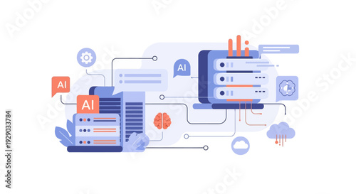 AI Data Processing and Machine Learning Concept. Server Racks, Neural Network Brain, and Cloud Computing Infrastructure Flat Vector Illustration.