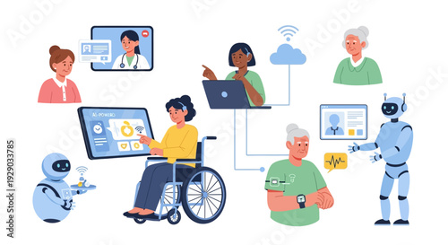 Robotics and AI Assisted Healthcare for Seniors and People with Disabilities. Telemedicine and Smart Home Technology Concept.