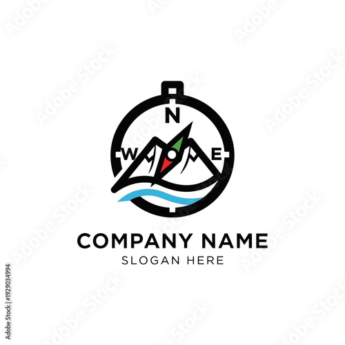 Logo with Compass and Mountains Design.