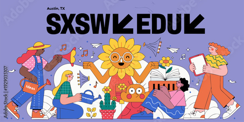 A vibrant illustration of people enjoying music, reading, and gardening at the SXSW EDU conference in Austin, Texas.