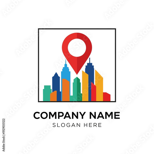 Colorful City Skyline with Red Map Pin.