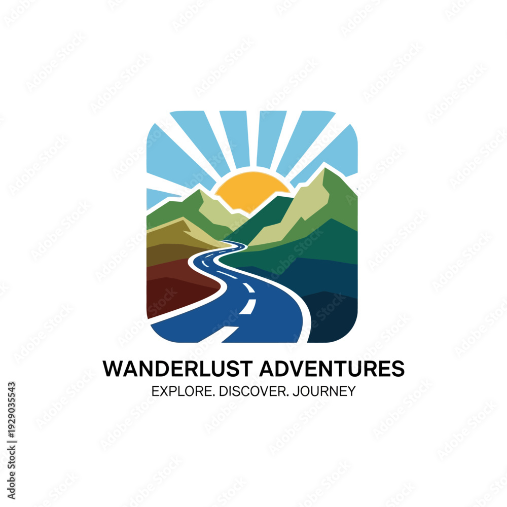 Obraz premium Wanderlust Adventures Logo Road Mountain Landscape.