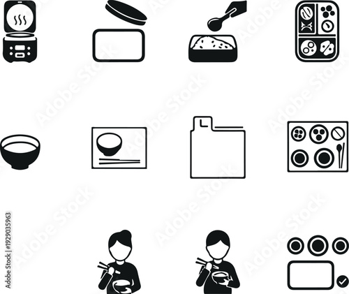 Rice Cooking Process and Japanese Meal Icons
