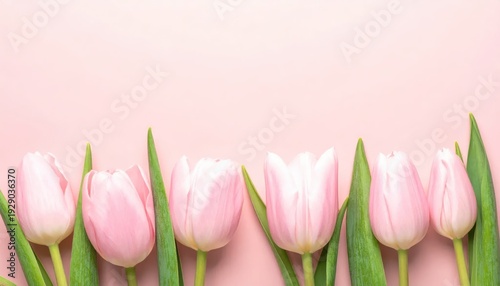 Row of fresh pink tulips rests along the bottom edge of a pastel background providing ample copy space
