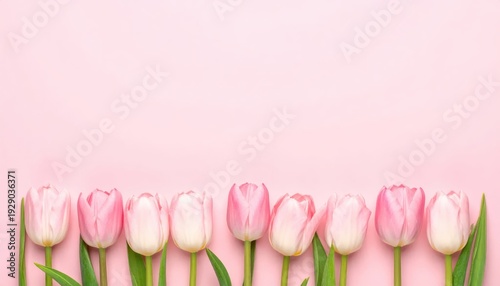 Row of soft pink tulips rests along the bottom border of a pastel background