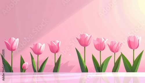 Several bright pink tulip flowers stand upright against a soft pink background with subtle light effects.