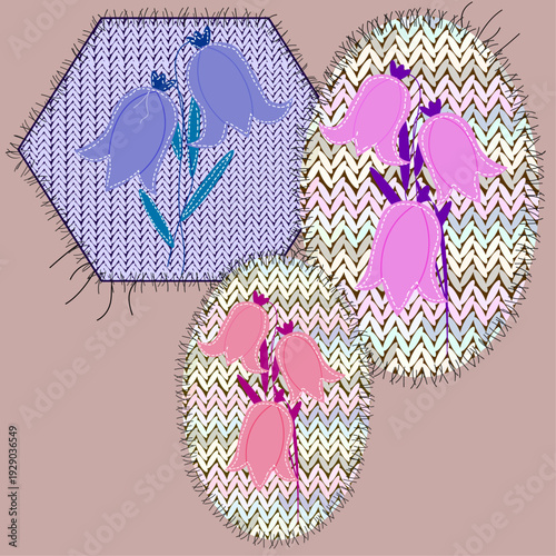  Knit patch applique with handmade bellflowers