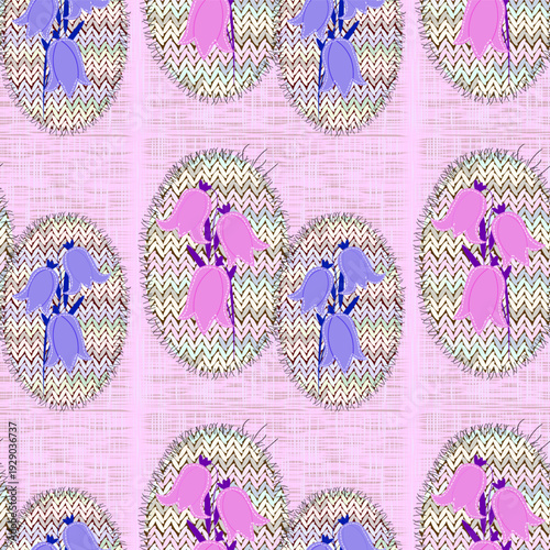 Seamless pattern with appliques of handmade bellflowers on knitted patches with frayed edges