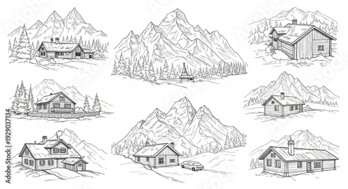 Collection of hand drawn mountain cabins and houses in natural settings.