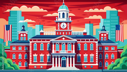 Very beautiful portrait view of Independence Hall showcasing its red brick façade, white clock tower, and colonial architectural elegance, symbolizing American heritage in the heart of Philadelphia, P