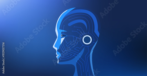 Ai technology illustration banner blue background with abstract humanoid head.