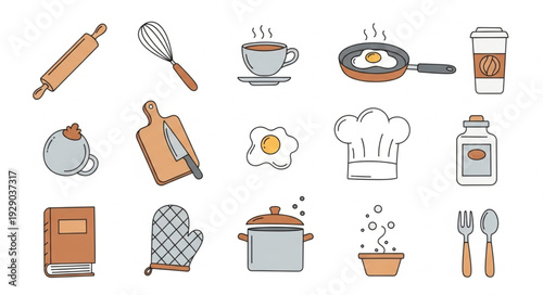 Collection of Hand Drawn Kitchen Utensils and Food Items.