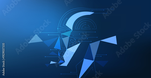 Ai technology illustration banner blue background with abstract humanoid head.