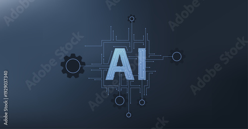 Ai technology connectivity with gear cog abstract illustration banner blue background.