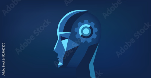 Ai technology illustration banner blue background with abstract humanoid head.