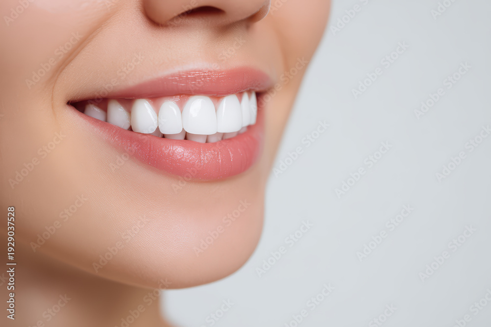 Fototapeta premium Bright white teeth close up with healthy gums and smooth lips smiling naturally, showing dental care and oral hygiene in minimal style macro shot