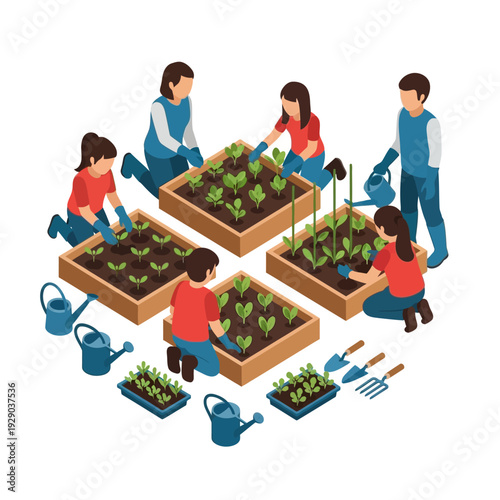 Group of people gardening together in a community garden.