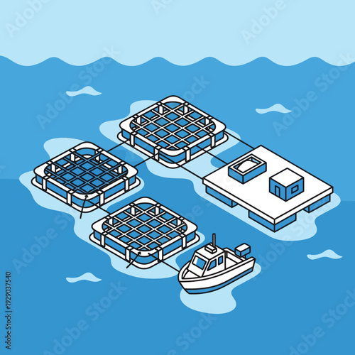 Aquaculture Farm with Fish Cages and Service Boat in Ocean.