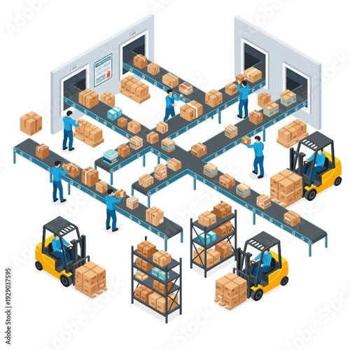 Warehouse workers managing inventory on conveyor belts and forklifts.