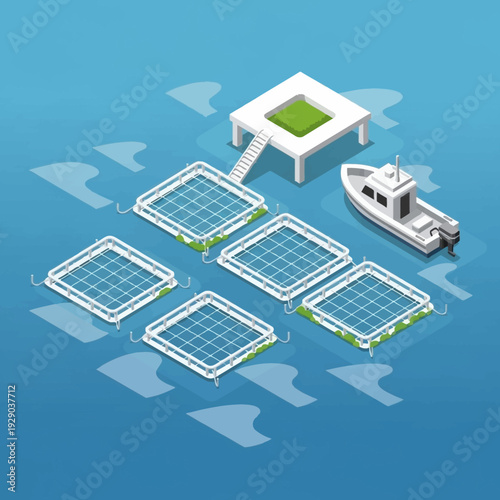 Floating Solar Panel Platform with Yacht and Helipad on Water.