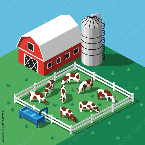 Cows grazing in a fenced farm yard with a red barn and silo.