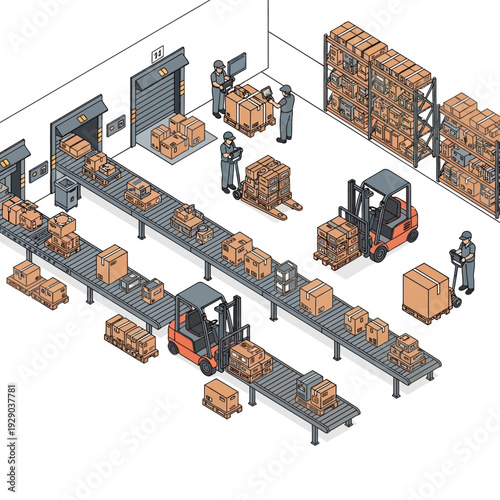 Warehouse Operations with Conveyor Belts and Forklifts.