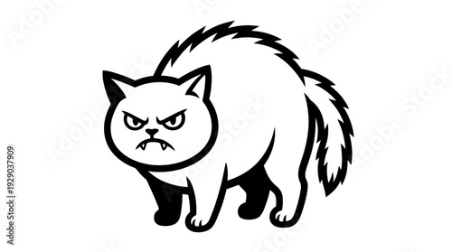 Expressive black and white vector illustration of an angry cat with arched back and bristling fur, symbolizing aggression, fear, and a strong defensive stance
