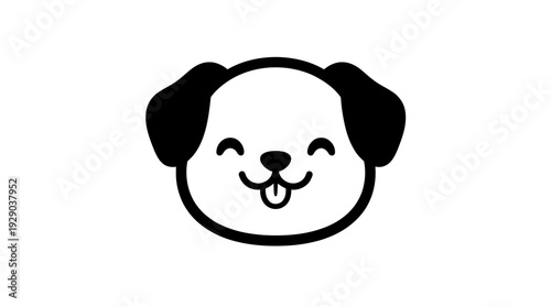 Cute puppy face illustration, a simple black and white drawing of a dog's head with ears and a wagging tongue, perfect for icons and designs