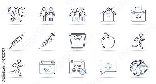 Collection of hand-drawn medical and health icons.